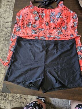 Younique Red Floral Tankini Top with Black Swim Shorts Set